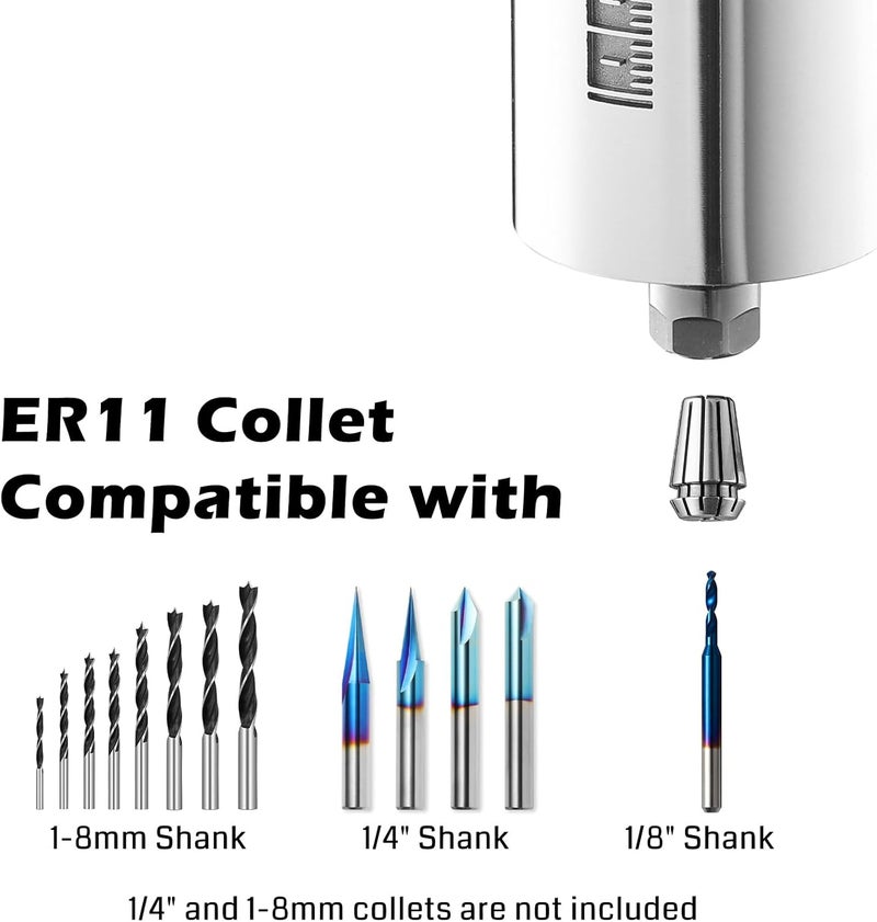 Genmitsu جهاز توجيه مدمج 710 واط بقطر 65 مم، 6 سرعات متغيرة لجهاز التوجيه باليد، مع قلاووظ ER11 و 4 فرش كربونية، ترقية محرك المغزل لآلات CNC - Image 4